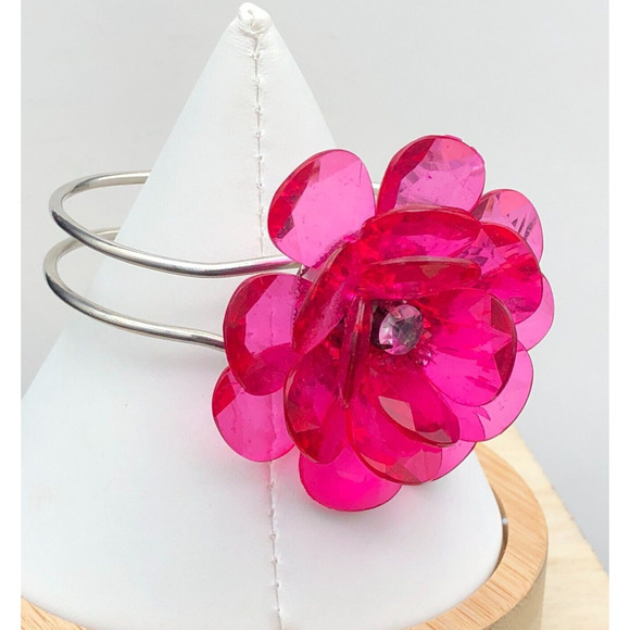 Unbranded Jewelry - Hot Pink Flower Bracelet Faceted Transparent Acrylic Lucite Rose Crystal Clamper